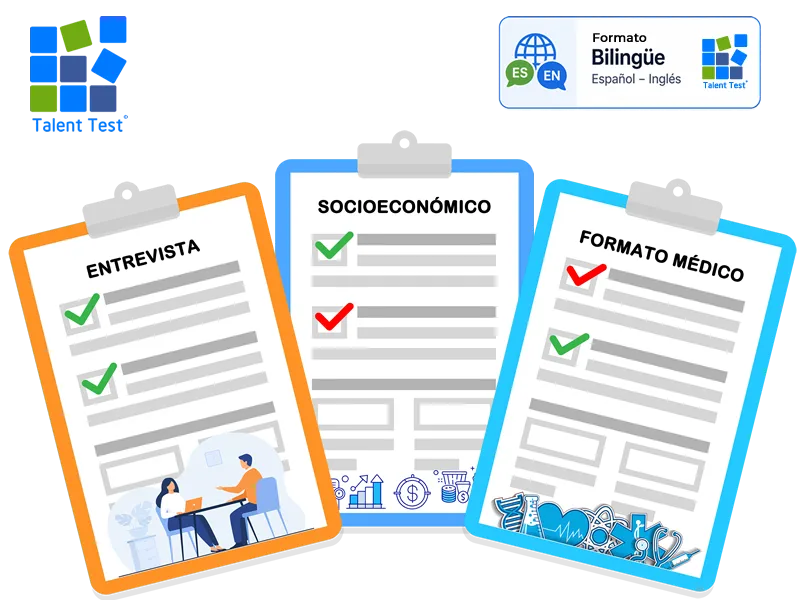 Aproveche los tres formatos incluidos sin costo: entrevista por competencias, médico y socioeconómico para asegurar su proceso de selección de personal- Talent Test Online