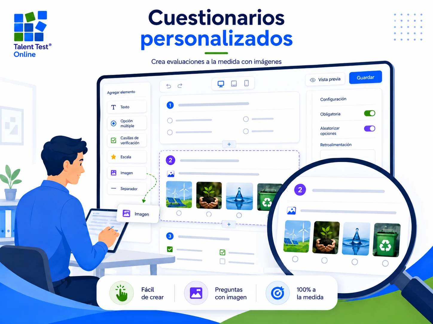 Pregunta con imagen y respuestas visuales de opción múltiple en evaluación personalizada Talent Test Online