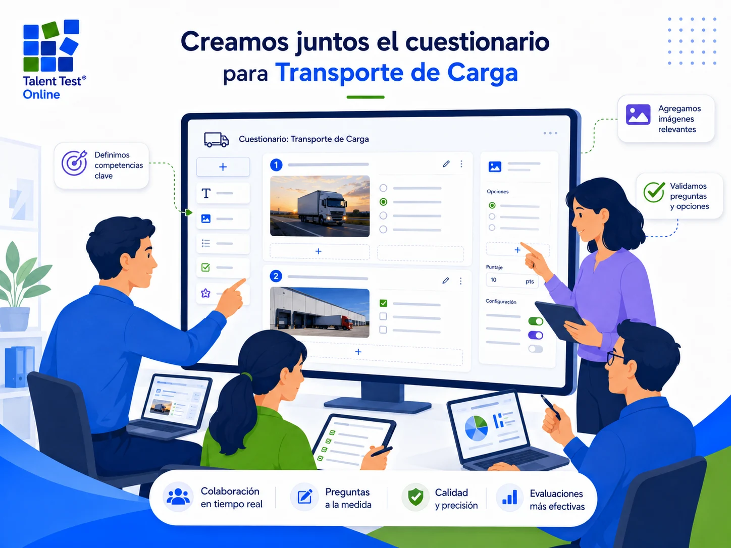 Constructor de preguntas personalizadas con texto imagen y justificación en Talent Test Online