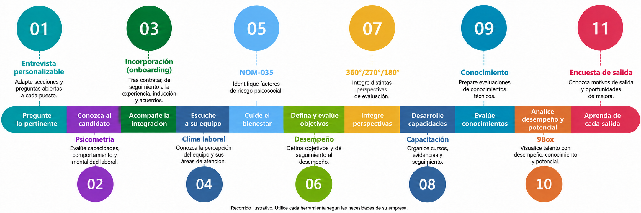 Ruta del talento en 11 etapas: Entrevista personalizable y Psicometría en selección; Incorporación (onboarding) tras contratar; Clima laboral, NOM-035, Desempeño, 360°/270°/180°, Capacitación, Conocimiento, 9Box y Encuesta de salida.